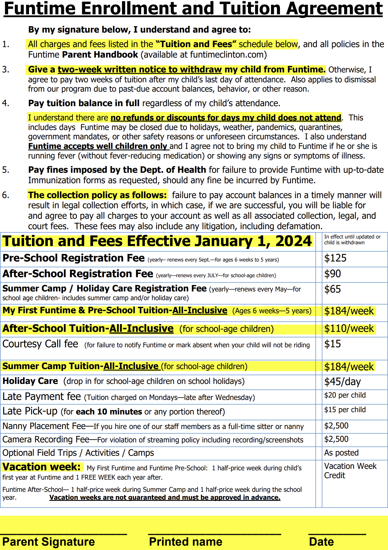 Funtime Enrollment and Tuition Agreement, Updated January 2024